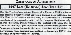 1967 Star Trek European Trading Card Certificate of Authenticity Front
