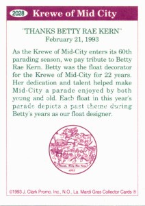 1995 Mardi Gras Collector Card Krewe of Mid City Trading Card Back