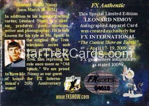 2009 Leonard Nimoy Autograph Costume Card Back