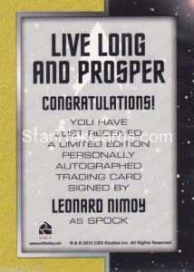 2010 Leonard Nimoy LLAP Autograph Back
