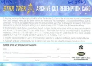 Star Trek 50th Anniversary Trading Card DeForest Kelley Autograph Redemption Card Back