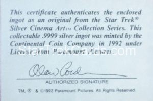 Star Trek Silver Cinema Art Collection Series Silver Certificate
