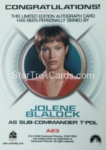 Star Trek Enterprise Season Three Autograph Jolene Blalock Back