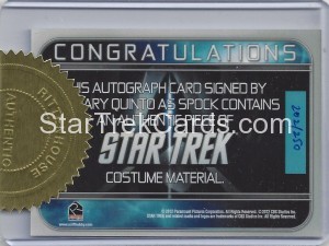 Star Trek Movies Collectors Set Zachary Quinto Autograph Back