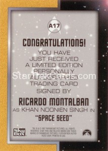 Star Trek The Original Series Season One Autograph A17 Ricardo Montalban Back